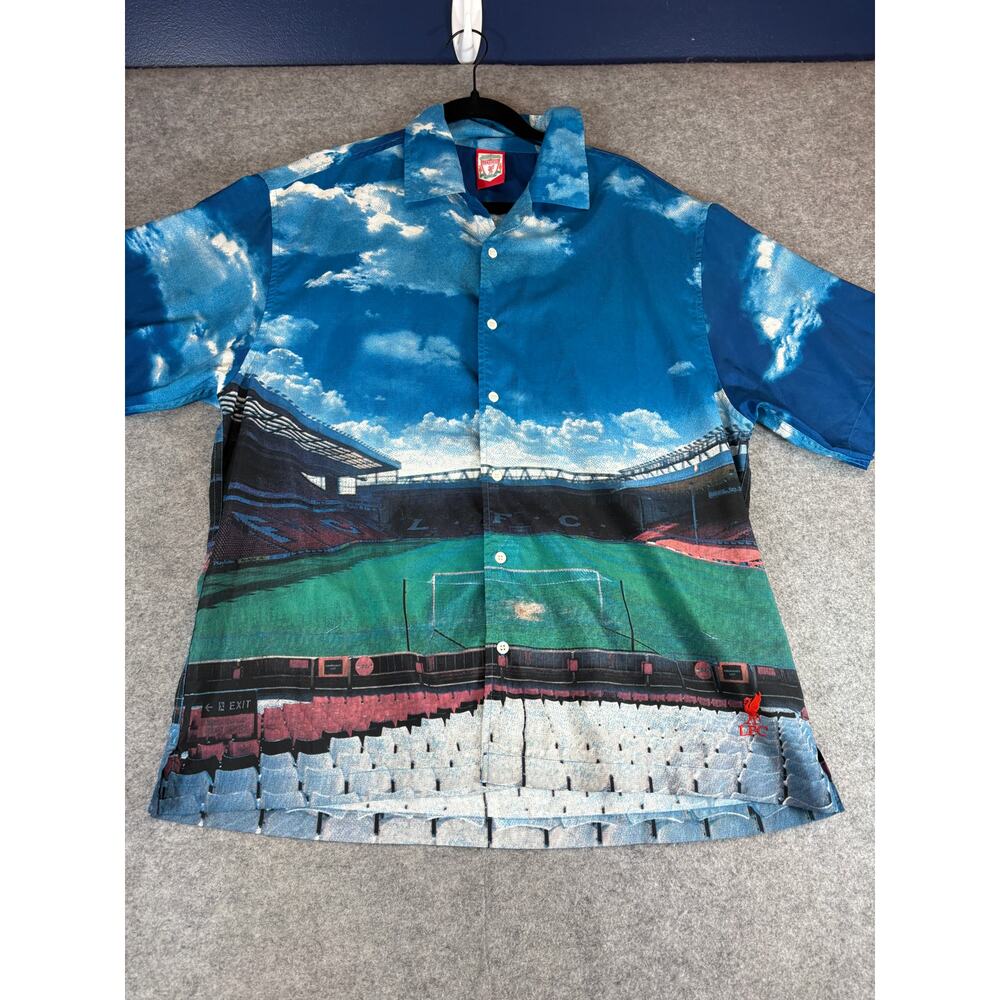 2008 Liverpool Football Club Anfield Stadium Button Up Shirt Mens XL Blue AOP